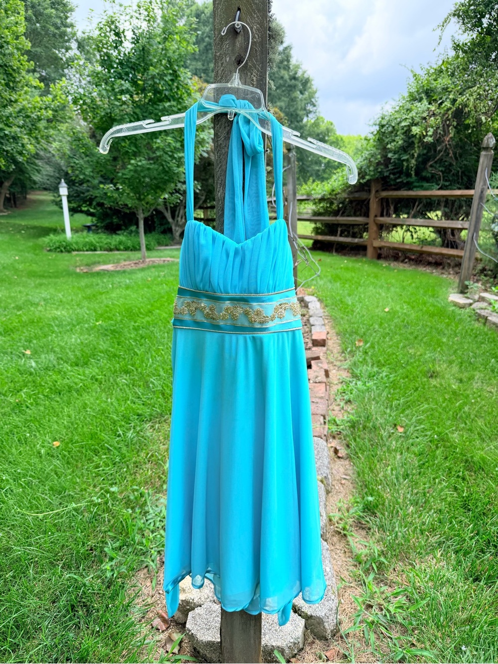 Teeze Me Turquoise Halter Chiffon Prom Dress with Gold Waist Detail
